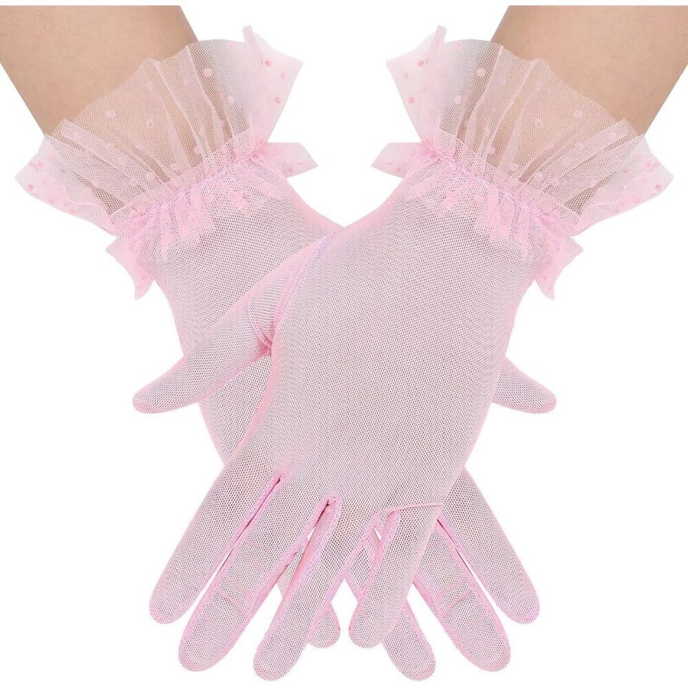 Women's Short Lace Dark Pink Sheer Mesh Tea Party Prom Gloves Banquet Costume